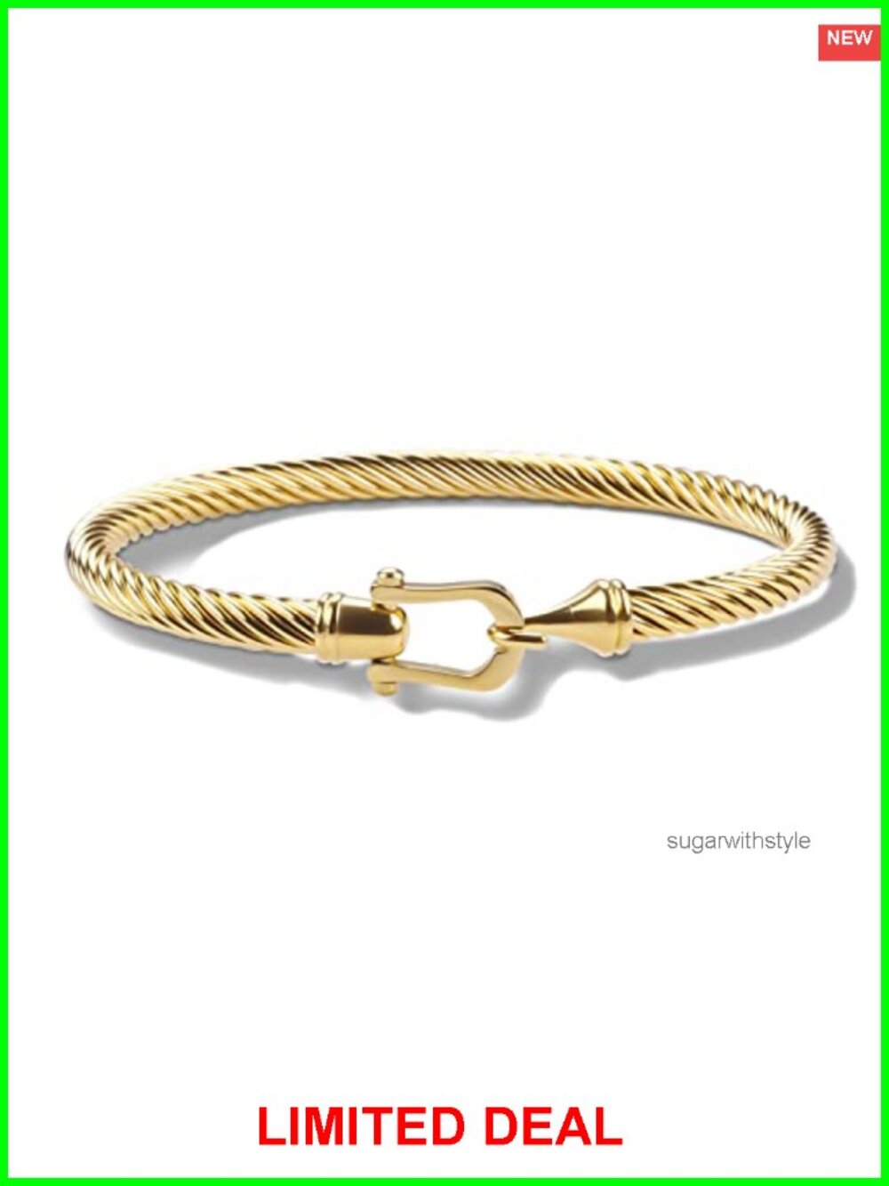 Stainless Steel Twisted Cable Cuff Bracelet with Hook Clasp